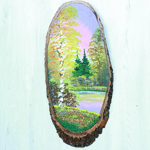 14160963 - Картина на спиле дерева одинокая береза 60 см осень