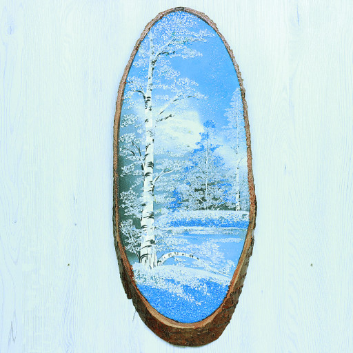 14160803 - Картина на спиле дерева одинокая береза 55 см зима