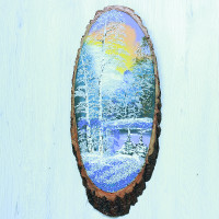 14160805 - Картина на спиле дерева утренний лес 55 см зима