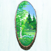 14160833 - Картина на спиле дерева одинокая береза 55 см лето