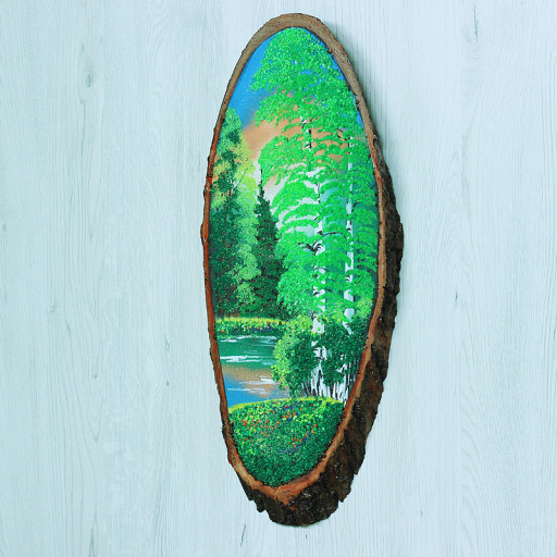 14160731 - Картина на спиле дерева русские березы 50 см лето