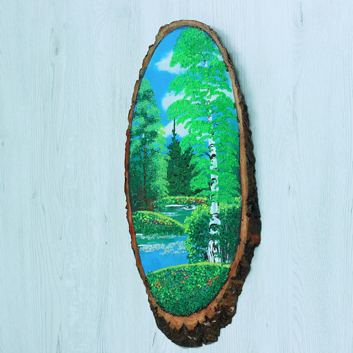 14160733 - Картина на спиле дерева одинокая береза 50 см лето