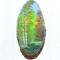 14160467 - Картина на спиле дерева лесная тропинка у берез 35 см осень.