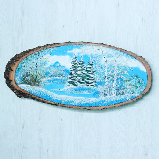 14161111 - Картина на спиле дерева русские березы 70 см зима.