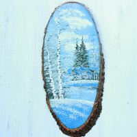 14161001 - Картина на спиле дерева русские березы 65 см зима