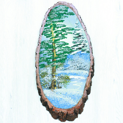 14161002 - Картина на спиле дерева вековые сосны 65 см зима