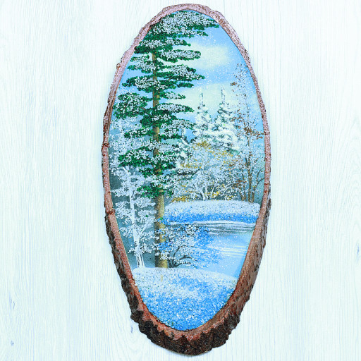 14160402 - Картина на спиле дерева вековые сосны 35 см зима.