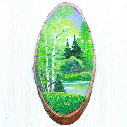 14160435 - Картина на спиле дерева утренний лес 35 см лето.