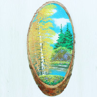 14160463 - Картина на спиле дерева одинокая береза 35 см осень.