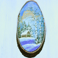 14160406 - Картина на спиле дерева домик в зимнем лесу 35 см зима.