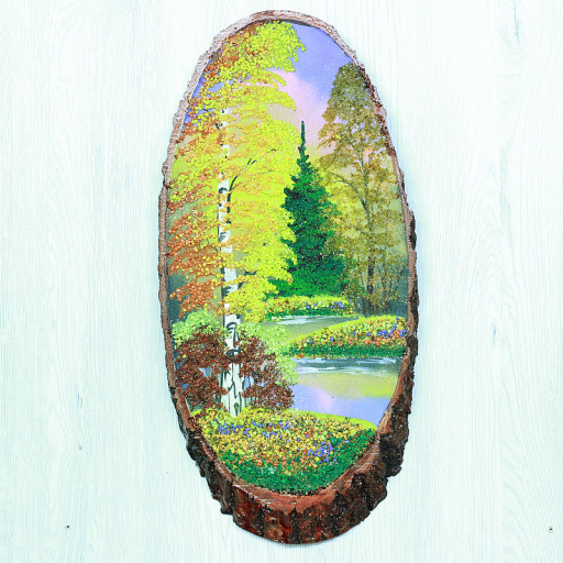 14160664 - Картина на спиле дерева закат в лесу 45 см осень.