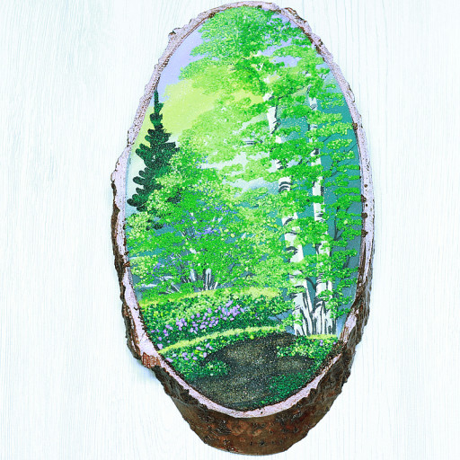 14160337 - Картина на спиле дерева лесная тропинка 30 см лето.