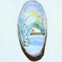 14160606 - Картина на спиле дерева домик в зимнем лесу 45 см.