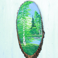 14160933 - Картина на спиле дерева одинокая береза 60 см лето